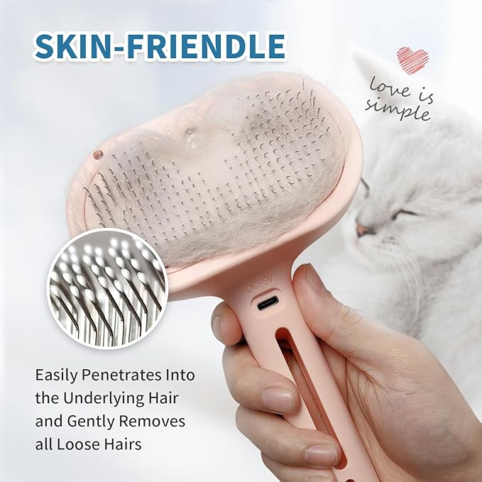 3-in-1 Self-Cleaning Steam Brush - Anti-Static, for Grooming Long & Short Pet Hair, Reduces Shedding, Pink