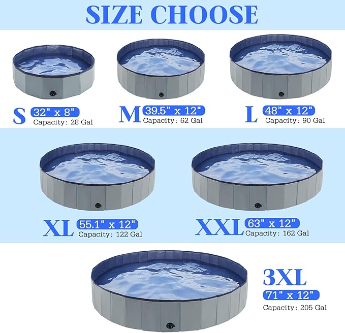 Foldable Dog Bath Swimming Pool 71'' Plastic Kiddie Pool Professional Tub Collapsible Grooming Bathtub for Pets Kids Baby and Toddler, 71 x 12 Inches Gray