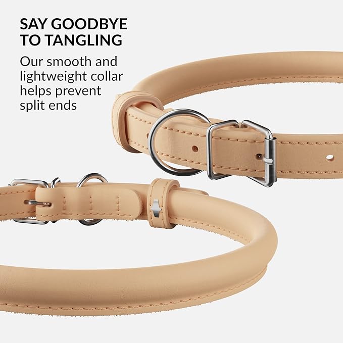 CollarDirect Rolled Leather Dog Collar, Soft Padded Round Puppy Collar, Handmade Genuine Leather Collar Dog Small Large Cat Collars 13 Colors (11-14 Inch, Beige Smooth)