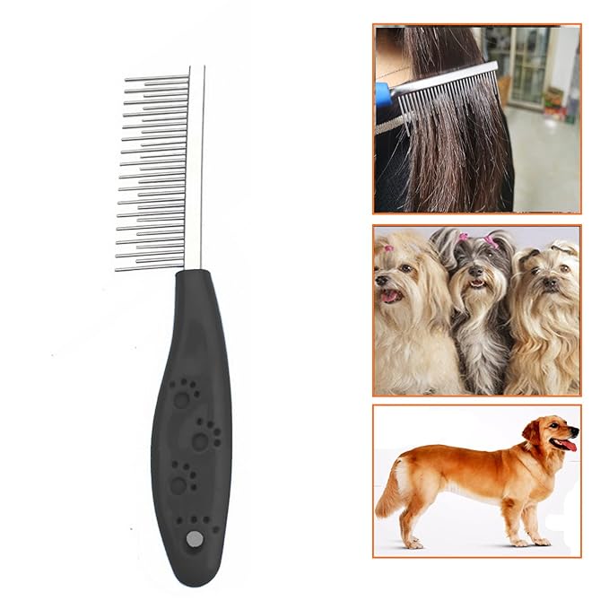 Dog or Cat Comb Grooming with Short and Long Teeth Dematting Knots Tangles Remover Combs Detangler Tool Suitable for Dogs Cats Poodle HorseStainless Steel Pin (Black)