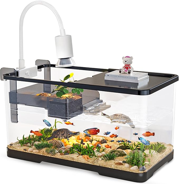 (Tank + Light + Filter Balls) Turtle Tank Kit, Turtle Tank Starter Kit,Bottom Drainage, Multi-Function Areas for Turtles, Crabs,Fishes, Amphibians,Reptiles. (11.81 × 7.88 × 7.88 Inch)
