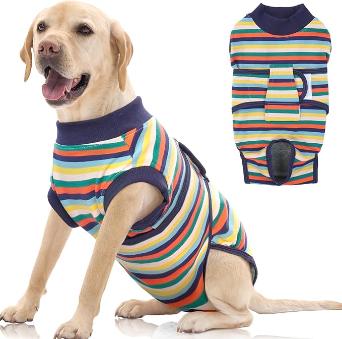 FUAMEY Recovery Suit for Dogs After Surgery,Soft Breathable Dog Bodysuit E-Collar & Cone Alternative Surgical Suit,Male Female Dog Neuter Spay Suits Anti Licking Wounds Onesie Dark Blue Stripes XL