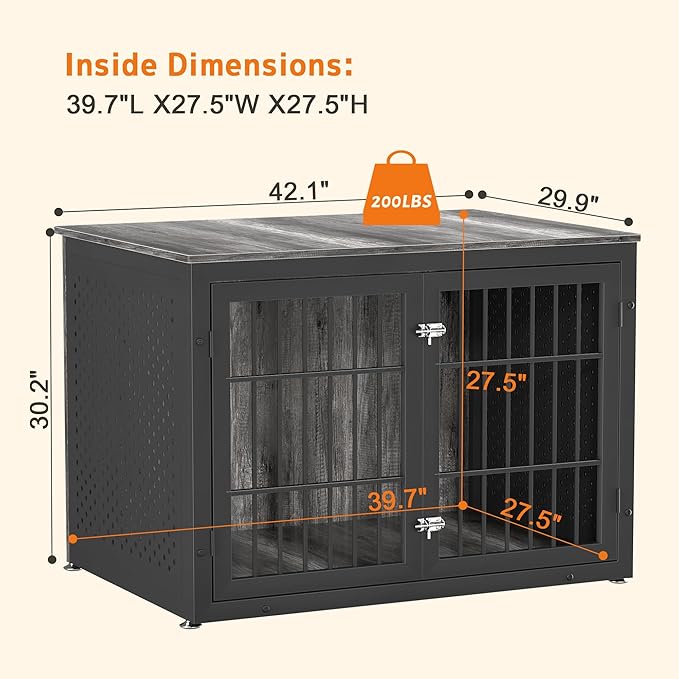 42" Heavy Duty Dog Crate Furniture for Large and Medium Dogs, Enclosed Design Wooden Metal Kennel, Wooden Cage Furniture Indoor, Decorative Dog Kennel End Table