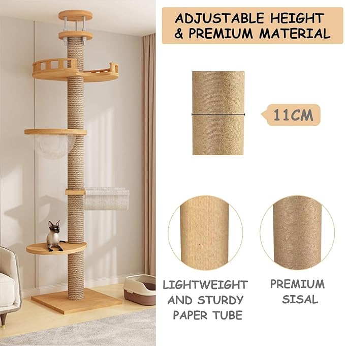 Cat Tree Floor to Ceiling,Cat Tree Height Adjustable from Floor to Ceiling（92“-114”）, Tall Climbing Tree, Equipped with Scraping Pillars, Comfortable Bed, Observation Deck, Space Capsule