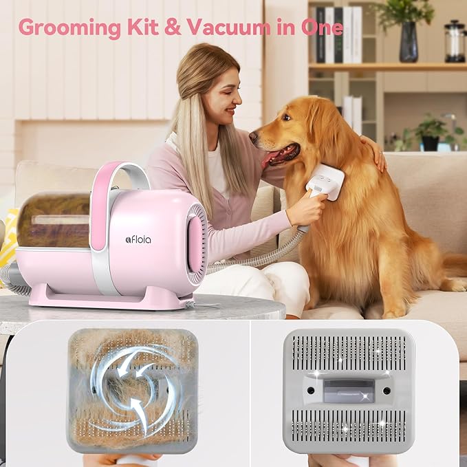 Afloia 6-in-1 Dog Grooming Kit, Pet Grooming Vacuum for Shedding, Dog Hair Vacuum with Clipper Nail Trimmer Grinder, Pet Brush Groomer at Home, Low Noise Cats Hair Remover, 1.5L Dust Cup, Pink