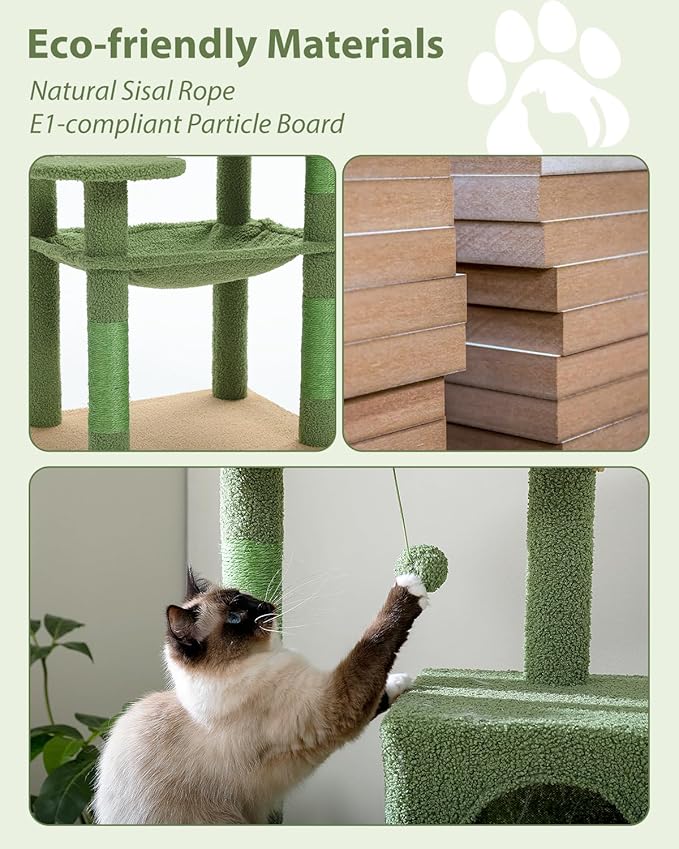 Cactus Cat Tree for Large Cats with Metal Plush Big Hammock, 56.3" Cat Tower for Indoor Cats with 2 Door Condo House, 6-Tier Cat Shelves with Scratching Posts and Large Top Perch,Green