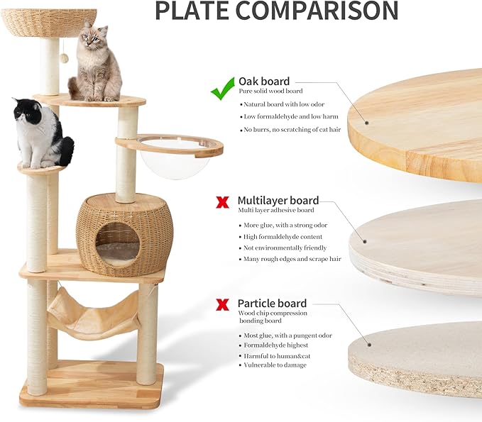 59" Big Modern Cat Tree Tower, Cat Tower Sisal-Covered Scratching Posts for Indoor Cats, Oak Wood Cat Tree for Large Cats, Multi-Level Cat Condo with Space Capsule Nest, Cat Furniture Activity Centre