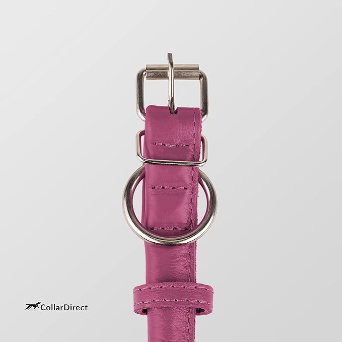 CollarDirect Rolled Leather Dog Collar, Soft Padded Round Puppy Collar, Handmade Genuine Leather Collar Dog Small Large Cat Collars 13 Colors (11-14 Inch, Pink Textured)