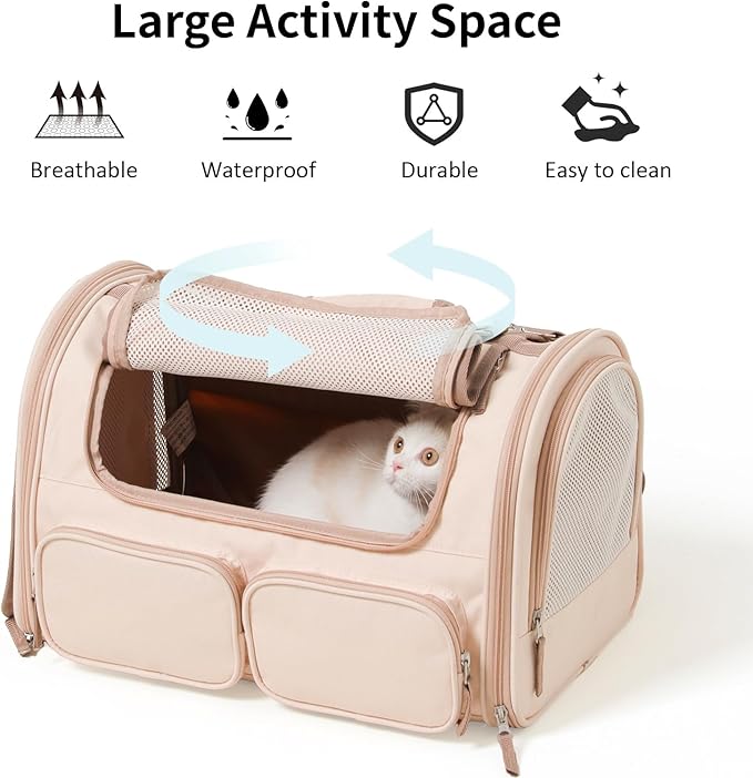 FUKUMARU Cat Carrier, 4 Mesh Windows Small Dog Carrier, 4 Storage Pockets Cat Travel Bag, Under 15 lb Airline Approved Pet Carrier, Rollable Cover for Nervous Cats, Pink