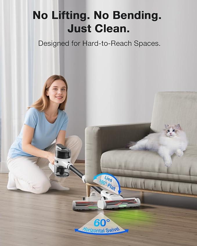 Cordless Stick Vacuum Cleaner for Home, Lightweight Rechargeable Vacuum with 55min Runtime, Powerful Suction, Green LED Headlight, 9-in-1 Pet Hair Carpet & Hardwood Floor Cleaner