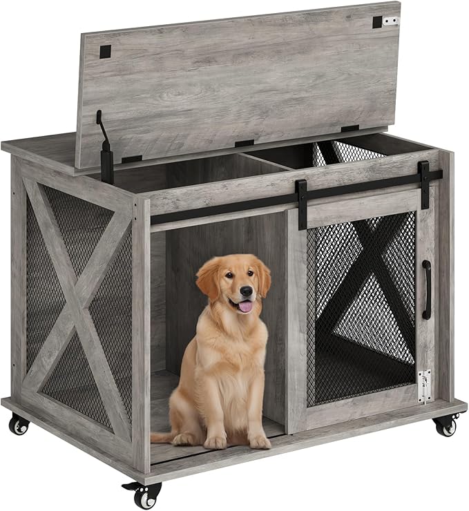 Dog Crate Furniture,37 Inch Indoor Dog Cage with Sliding Barn Door, Flip Top Dog Kennel End Table with Removable Divider, Farmhouse Wooden Pet House for Small to Middle Size Dogs