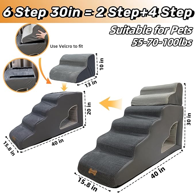 dog stairs for small dogs to 30 inches high beds, 6 step dog ramp stair for 18-36 inches couch-bed,pet stairs for small old meduim large dogs cats,Non-Slip balanced 6 tiers ladder,75 pounds Studry 33D