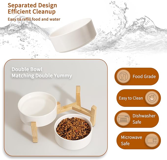 Elevated Ceramic Dog Bowl Set - Raised Feeding Bowls with Non-Slip Bamboo Stand - Small Pet Dishes for Food and Water - Ideal for Cats and Puppies - 16.23 OZ - 2 Cups - 480 ML