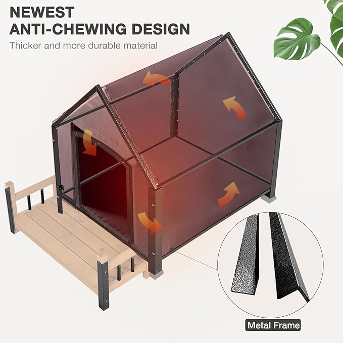 Dog House with Insulated Liner Outdoor Indoor All-Around Iron Frame Design Dog House with Porch＆Raised Feet for Small Medium Large Dogs（Brown）
