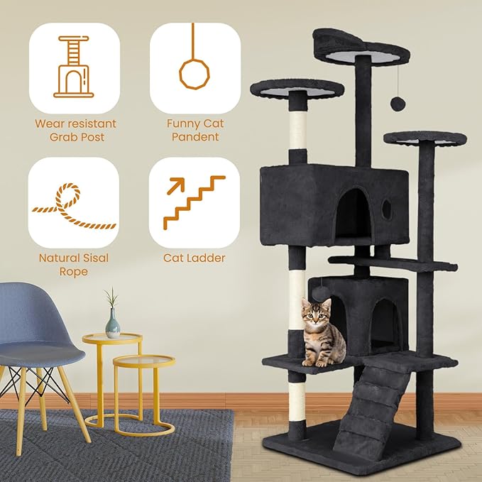 54.7 inches Cat Tower for Indoor Cats, Multi-Level Cat Condos with Scratching Posts, Hanging Toys, Dark Gray