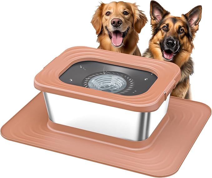 Decflow 10L Stainless Steel Dog Water Bowl, No Spill Anti-Splash Dog Bowls with XXL Silicone Mat, Spill-Proof Slow Feeder for Messy Drinkers, Heavy Duty Pet Bowls for Indoor/Outdoor Use Pink