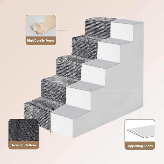 EHEYCIGA Dog Stairs for High Bed 22.5" H, 5-Step Dog Steps for Bed, Pet Steps for Small Dogs and Cats, Non-Slip Balanced Pet Ramp Indoor, Grey