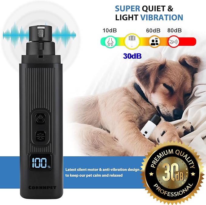 Dog Nail Grinder - 2 Speed Super Quiet and Low Vibration Electric Pet Nail Grinder - Rechargeable Dog Nail Trimmers for Small Dogs- Cat Nail Claw Clippers with 2 Level LED Lighting（Black）