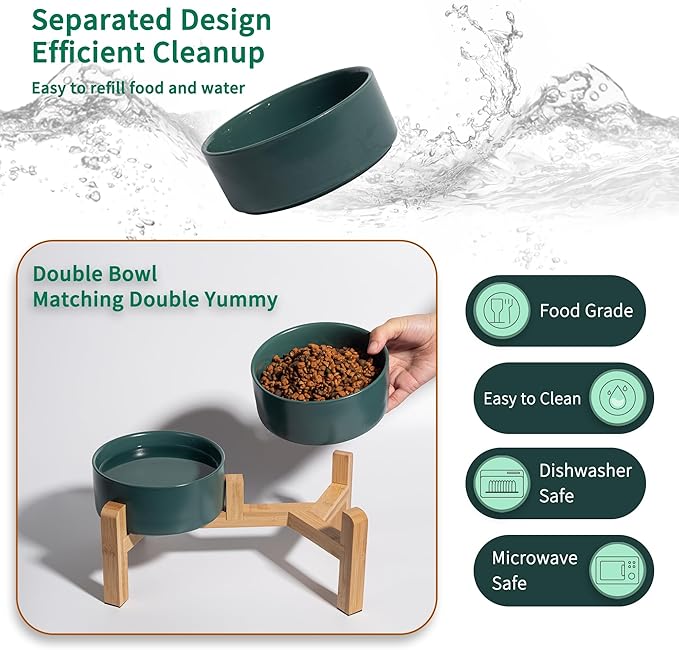 Elevated Ceramic Dog Bowl Set - Raised Dog Bowls with Non-Slip Bamboo Stand - Dog Food and Water Bowl Set - Double Dog Feeding Bowls - Suitable for Small and Medium Dogs - 28.74 OZ - 3.6 CUPS - 850 ML