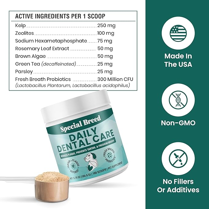 Dog Teeth Cleaning Powder – Natural Dog Dental Powder for Tartar Control, Fresh Breath & Gum Health – Daily Plaque Remover with Zeolite, Brown Algae, Probiotics & Rosemary – 180 Scoops