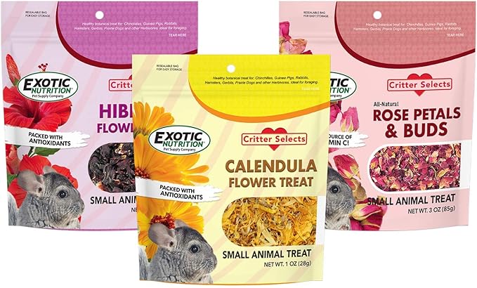 Exotic Nutrition Flower Treat 3 Pack - Healthy Assortment - Hibiscus, Calendula, Rose - for Squirrels, Guinea Pigs, Rabbits, Chinchillas, Prairie Dogs, Degus, Hamster, Gerbils, & Other Herbivores