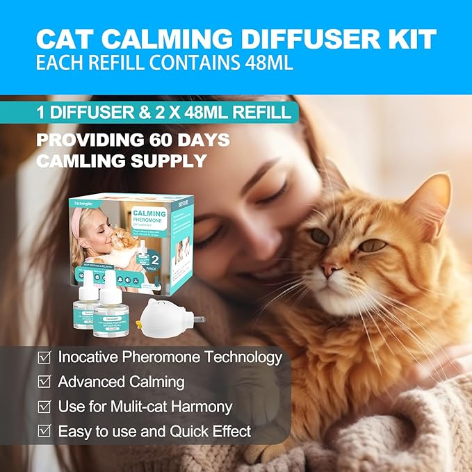 Cat Calming Diffuser, Cat Pheromones Calming Diffuser with 1 Diffuser + 2 Refills 48ml, Cat Anxiety Relief Cat Pheromone Diffuser Kit 60 Days, Pheromone Diffuser to Calm Cats