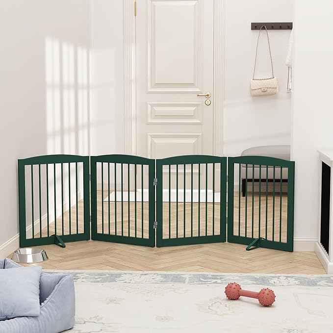 Freestanding Pet Gate for Dogs, Foldable Wooden Dog Gate for House, Indoor Dog Gate for Stairs, Doorways, Step Over Pet Puppy Safety Fence, 80 Inch Wide, 4 Panels 24", Green