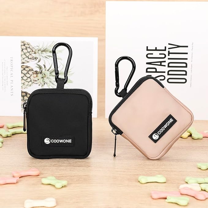 Dog Treat Pouch 2 PCS, Waterproof Small Dog Treat Bag for Leash, Hands Free Puppy Walking Bag with Carabiner, Pet Poop Bag Holder for Pet Puppy Travel or Outdoor Use, Zipper Closure to Avoid Spilling