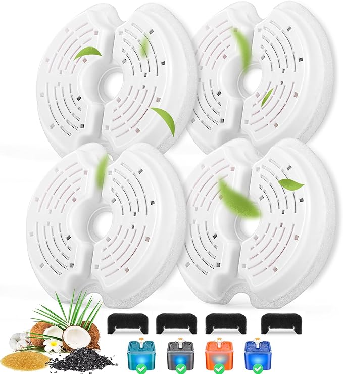 Cat Water Fountain Filters for 84oz/2.5L Stainless Steel Pet Fountain and 67oz/2.0L Plastic Cat Drinking Fountain, 4 Pack Pet Replacement Filters with 4 Pre-Filter Sponges