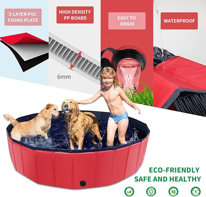 Foldable Dog Pool, 55" x 12" Kiddie Pool with Hard Plastic, Non-Slip Dog Bath Tub for Outdoor Backyard, Collapsible Dog Swimming Pool for Kids Dogs Pets (Red)