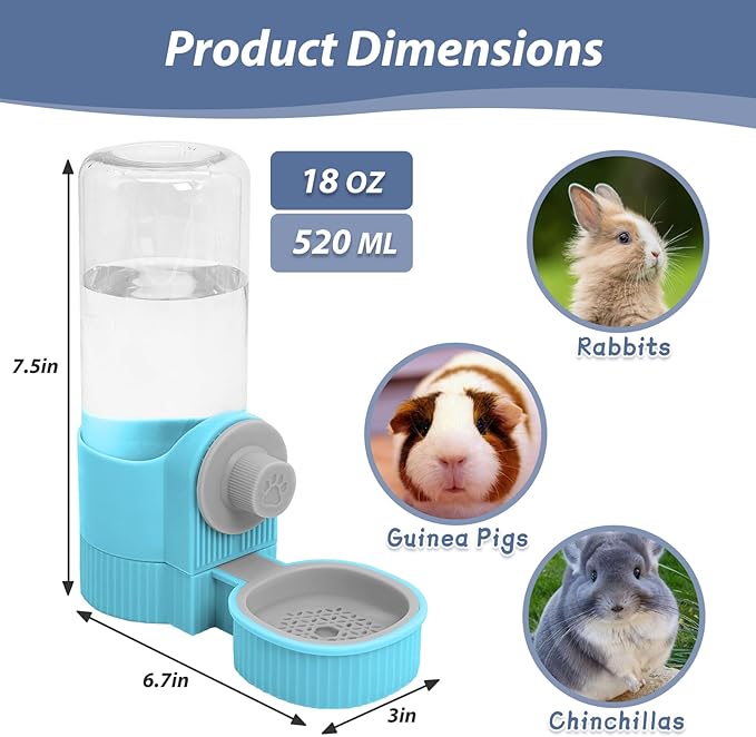 Fhiny Rabbit Water Bottle, 18oz Hanging Guinea Pig Water Bottle No Drip Gravity Bunny Water Dispenser for Cage Automatic Rabbit Waterer for Bunny Guinea Pig Chinchilla Ferret Cat Puppy