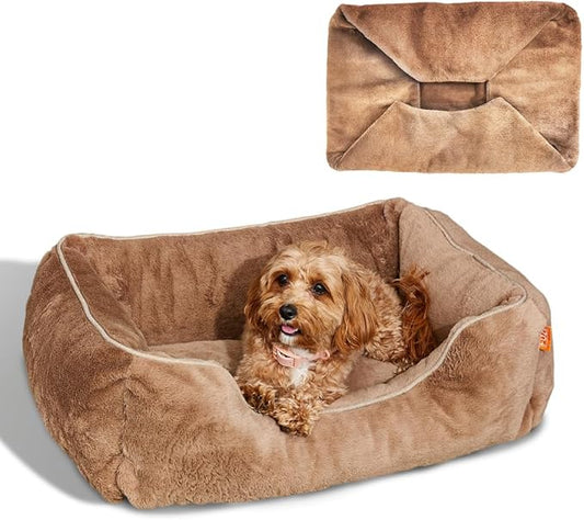 FUZI Luxury Dog Bed with Extra Cover for Small Dogs, Washable Pet Couch, Pet Bed with Sides, Non-Slip Bottom, Soft & Durable Calming Dog Bed, Faux Rabbit Fur, Small 25.1x16.75x9.5 Light Brown