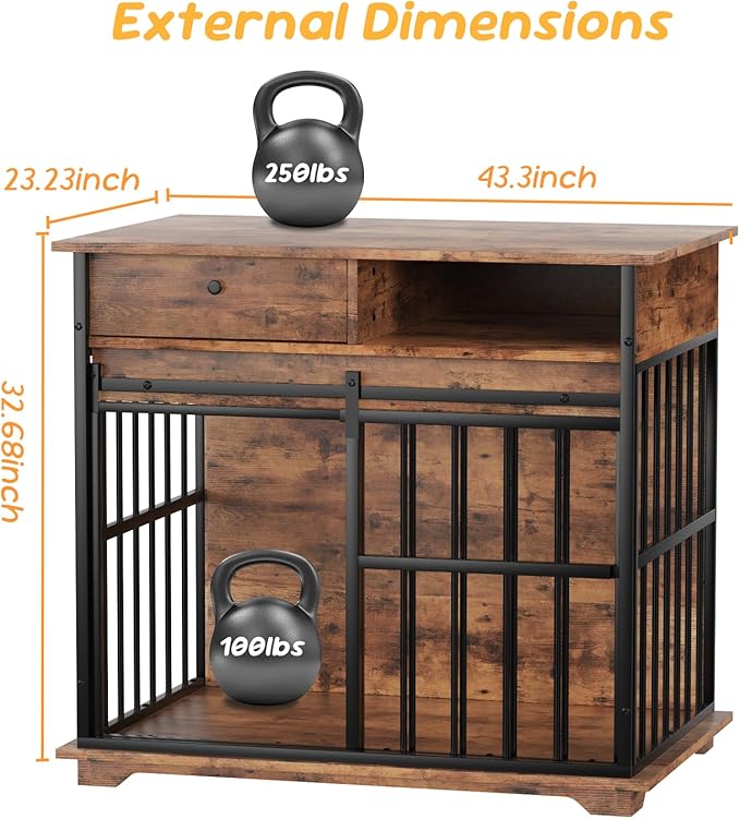 35.5" Dog Crate Furniture, Wooden Dog Crate Furniture for Medium Small Dogs, Wooden Dog Kennel End Table with Drawer and Open Shelves, Sliding Door Dog Kennel Furniture