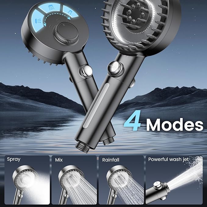 Filtered Shower Head with Handheld, High Pressure 4 Spray Mode Showerhead with Filters, Water Softener Filter Beads for Hard Water with ON/OFF Switch for Pets - Remove Chlorine (Gray)