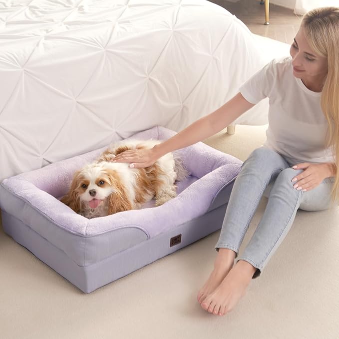EHEYCIGA Memory Foam Dog Bed for Medium Size, Orthopedic Dog Sofa with Sides and Waterproof Liner, Washable Bolster Pet Couch with Removable Cover, 30x20x6.5 Inch, Purple