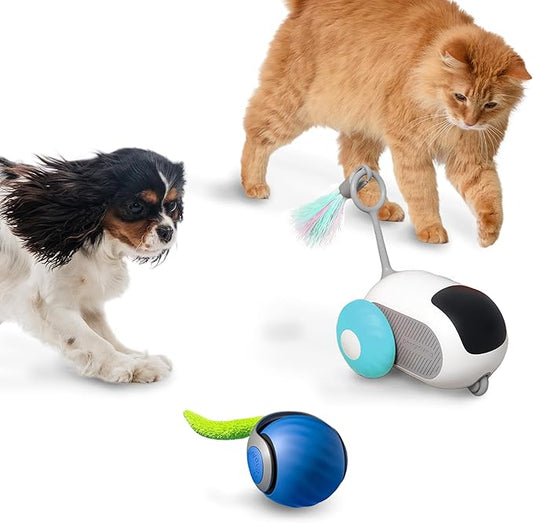 1pc Interactive Automatic Remote Control Cat Mice Car Toy and 1pc Smart Electric Moving Speedy Cat Ball Toy with Feather Tail, Suitable for Dogs, Keep Busy, Stimulating, Rechargeable (Blue)