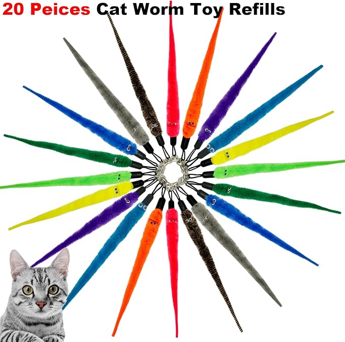 Cat Worm Toy Refills, 20 Pieces Cat Wand Attachments Worms Toy for Indoor Cats (A)