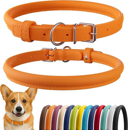 CollarDirect Rolled Leather Dog Collar, Soft Padded Round Puppy Collar, Handmade Genuine Leather Collar Dog Small Large Cat Collars 13 Colors (13-16 Inch, Orange Smooth)