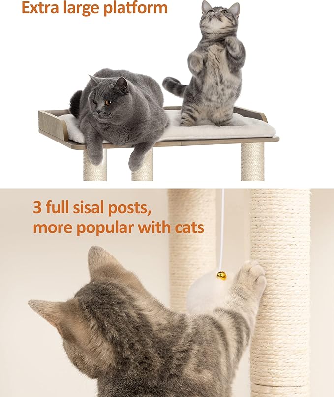 FourFurPets 26.7in Large Cat Tree Tower Condo, Cat Scratch Posts for Indoor Cats, Big Plate, Three 23.6in Full Sisal Scratching Posts, Greige
