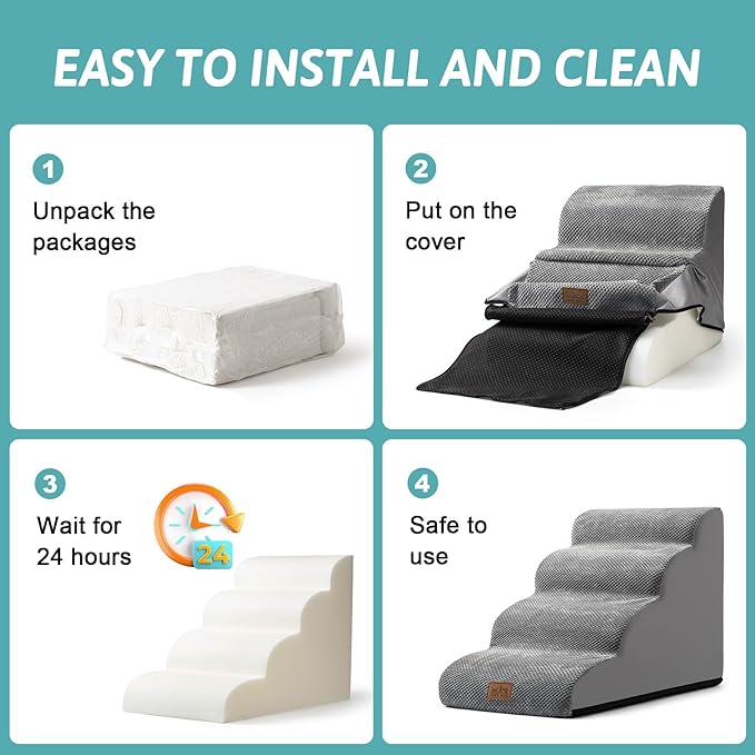 Dog Stairs for Small Dogs 19.7" H, Curved Dog Step for Puppy, Older or Cat, Medium Pet Ramp for Sofa, Couch or Bed, Ladder with High Density Foam, 15.7x28.3x19.7 inch, 4 Step, Grey