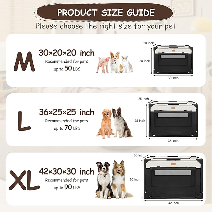 Dog Crate - Soft Pet Kennel for Dogs/Cats, 3-Door Breathable Travel Cage with Mesh Window, Portable Dog Kennel for Indoor & Outdoor, Black-L