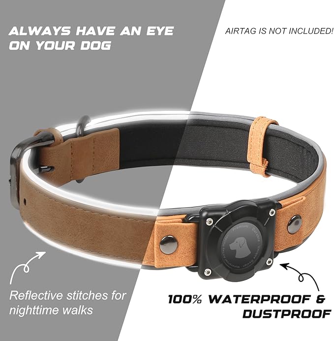 AirTag Dog Collar - Leather Dog Collar with Air Tag Holder | IPX8 Waterproof, Reflective, High - End, Adjustable Soft Padded | Dog GPS Tracker Collars Fit for Medium Large Dogs (Light Brown, L)