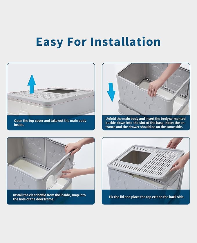 Cat Litter Box with Litter Mat and Scoop, Large Foldable Litter Box with Lid, Front Entry Top Exit Kitty Box, Odor Control, Easy to Clean (Grey)