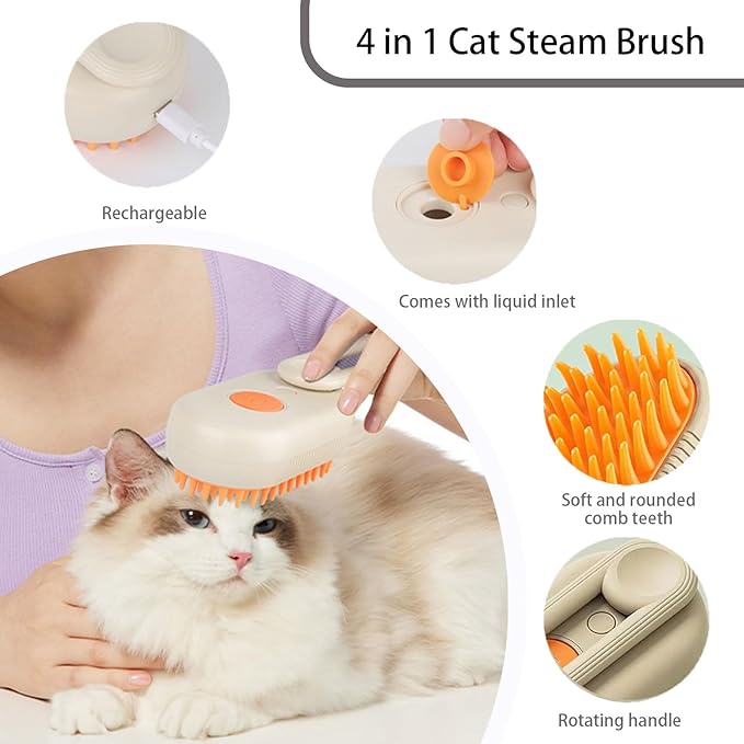 cat steam brush for shedding -4 in 1 Rechargeable Steam Brush for Cats and Dogs, Anti-static, Massage, Cleaning, Shedding & Combing All In One!grooming tool for cats and dogs（Beige）