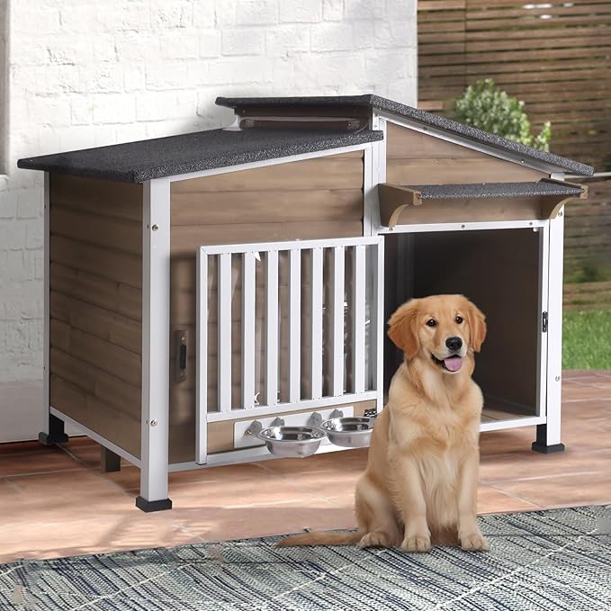 Chew-Resistant Dog House with Metal Frame, Wooden Kennel for Indoor & Outdoor Use, Waterproof Roof & Feeding Bowls Included (Brown, L)