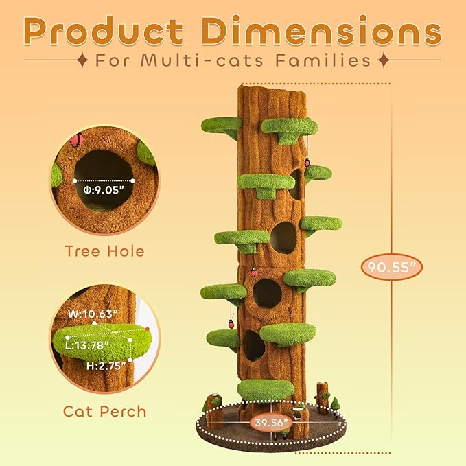 90.5'' Luxury Cat Tree for Indoor Cats, All-in-One Tall Cat Tower with Scratching Post, Multi-Level House, Wood Condo for Multi-Cat Families (Green)