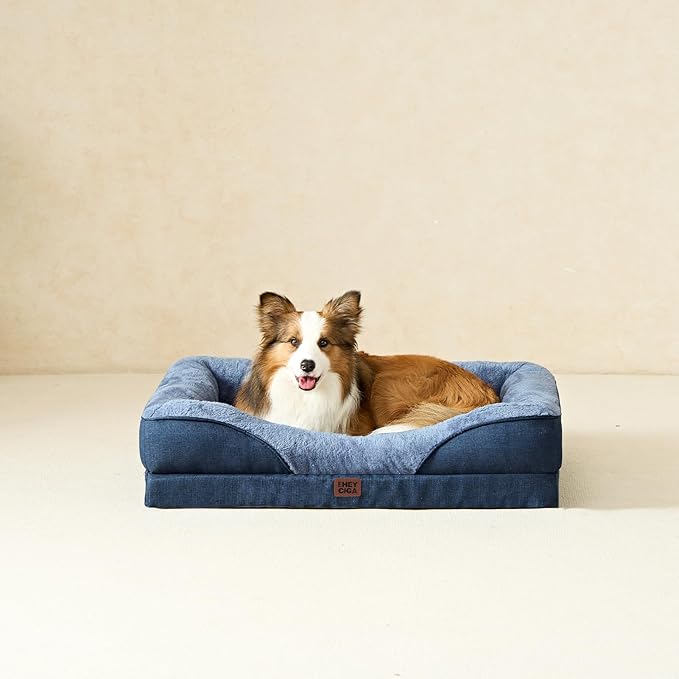 EHEYCIGA Memory Foam Dog Bed for Large Sized, Orthopedic Dog Sofa with Sides and Waterproof Liner, Washable Bolster Pet Couch with Removable Cover, 36x27x7 Inch, Navy