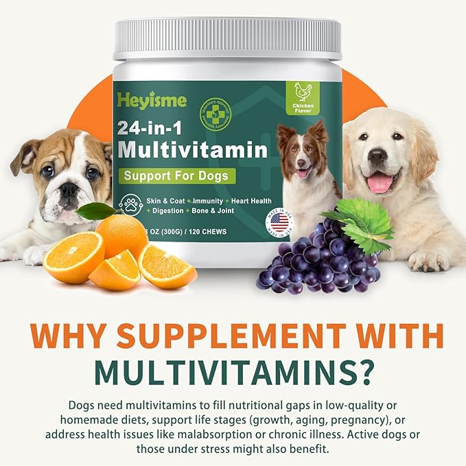 Dog Multivitamin, Glucosamine Chondroitin for Dogs, Dog Vitamins and Supplements, Probiotics, Krill Oil for Hip & Joints, Skin, Coat, Immune Health, Heart, Digestion (120 Chews, Chicken)