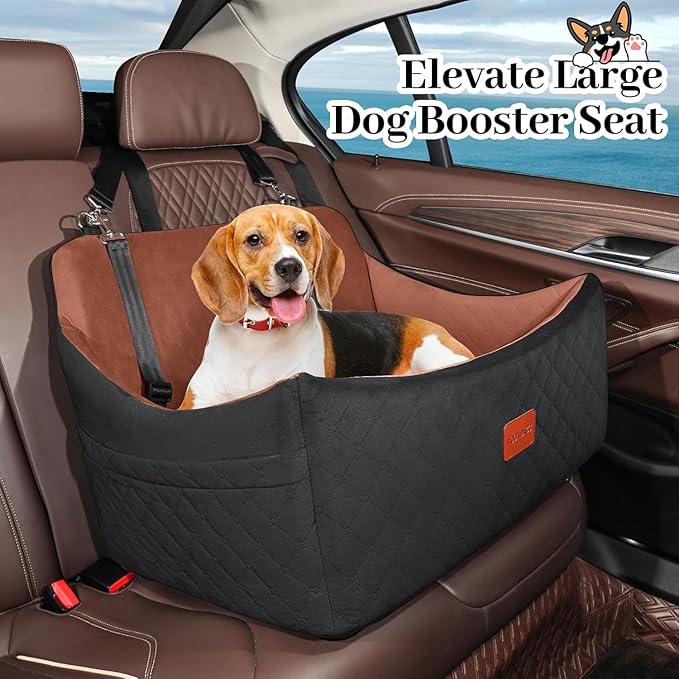 Dog Car Seat for Medium & Large Dogs Up to 55lbs, Memory Foam Cushion, Washable Cover, Safety Straps & Non-Slip Bottom(Black/Brown,Large)