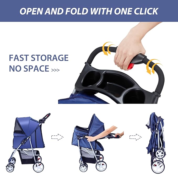 4 Wheels Pet Stroller for Small Medium Dogs Cats 10-33 lbs, Foldable Dog and Cat Stroller with Cup Holder & Storage Basket & Breathable Mesh, Pet Strolling Cart for All-Season, Navy Blue